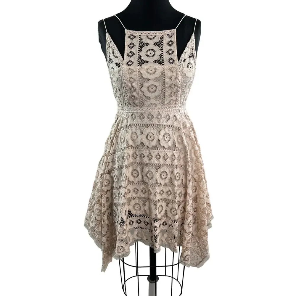 FREE PEOPLE Beige White A-line Dress Floral Just Like Honey Lace Back Zip Size 0 - Picture 1 of 9